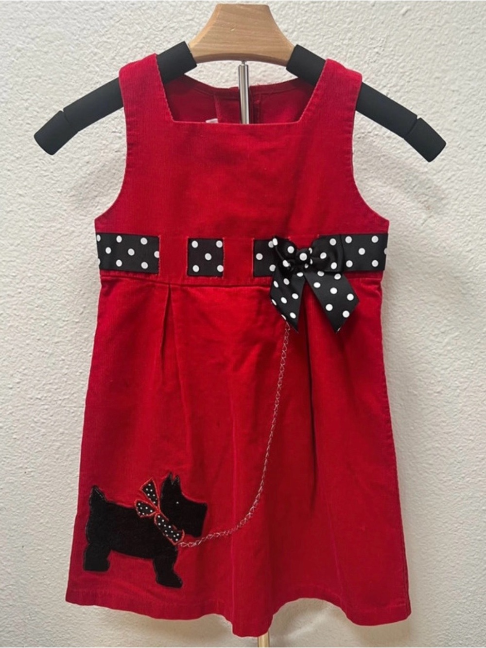 Bonnie Baby Red Corduroy Jumper Dress with Polka Dot Bow 6